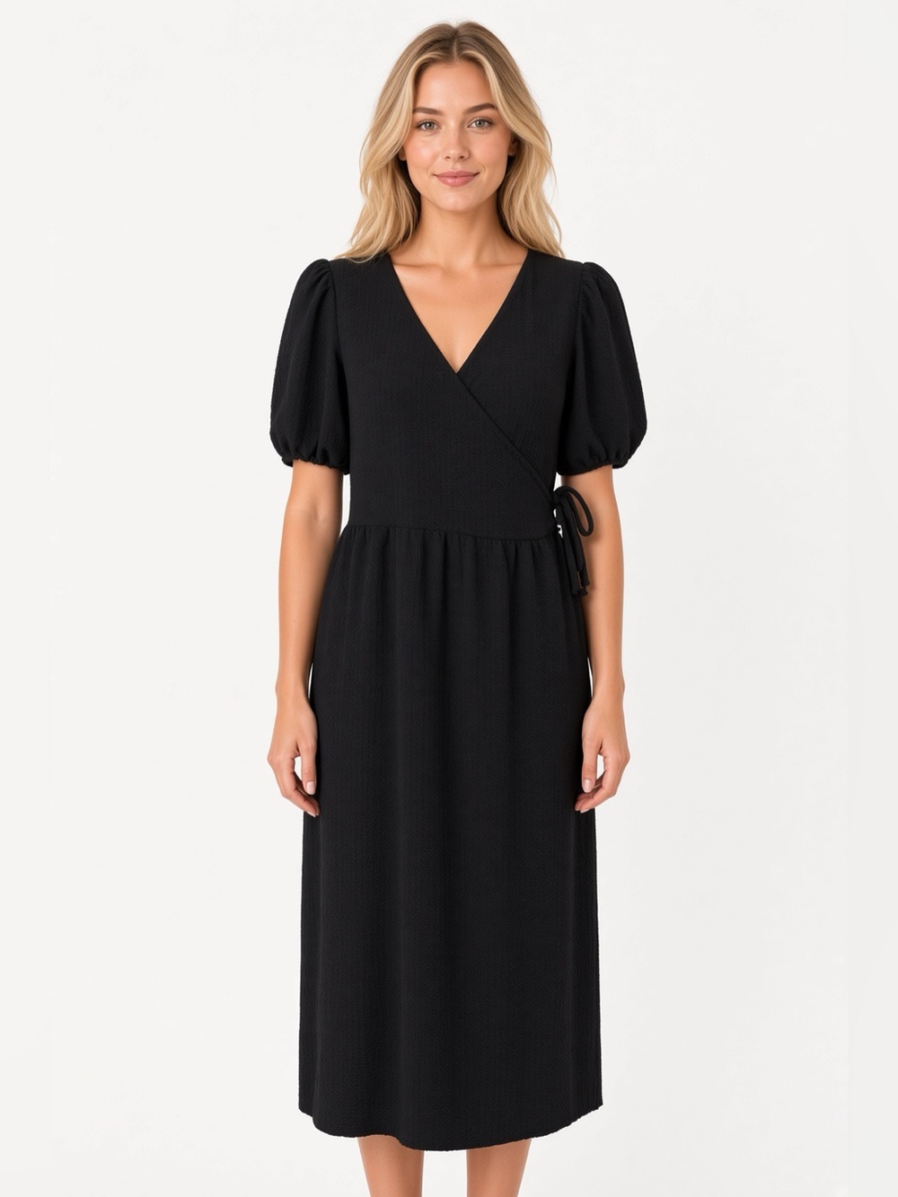 boohoo Black Textured Wrap Midi Dress Size US 12 Puff Sleeve